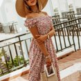 thumbnail image 6 of USSUMA Pleated Floral Print Beach Dresses for Women Casual Summer Off Shoulder Short Sleeve Plus Maxi Sundresses Women Flowy Swing Long Boho Vacation Sun Dress Wedding Guest, 6 of 7
