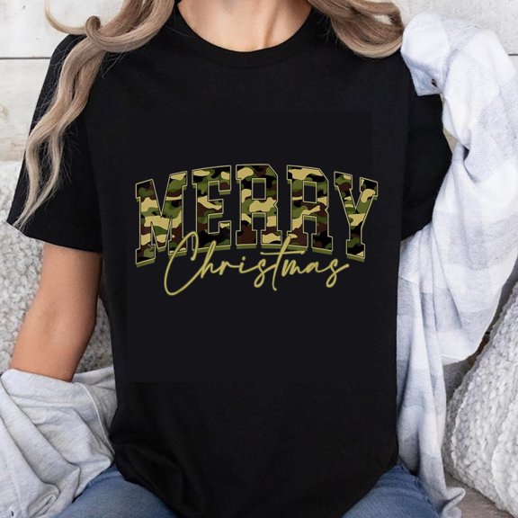 100% Cotton Merry Christmas Camouflage Print Women's Black T-Shirt Holiday Seasonal Casual Top Gift For Her