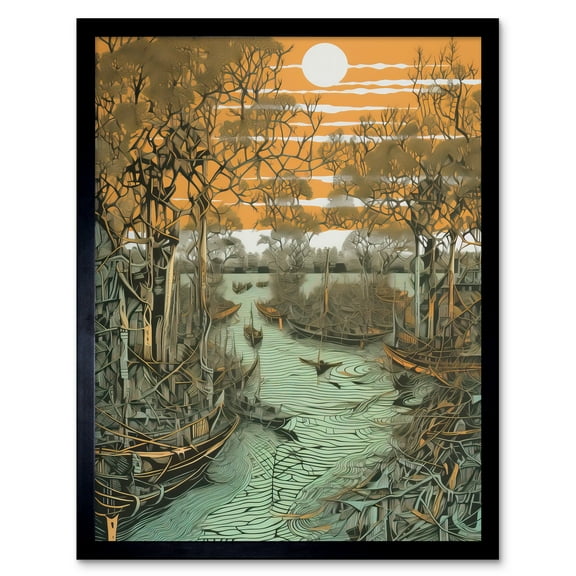 Mangrove Forest Swamp Landscape Linocut Style Art Print Framed Poster Wall Decor 12x16 inch