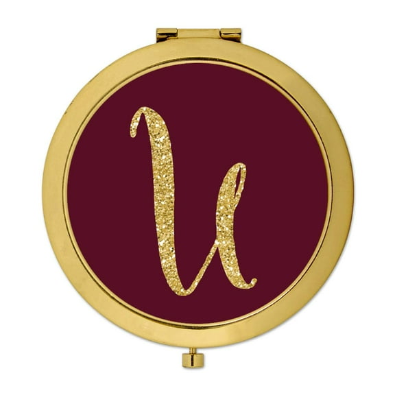 Koyal Wholesale Gold Compact Mirror Bridesmaid's Wedding Gift, Burgundy Maroon Jewel Tone , Monogram Letter U, 1-Pack
