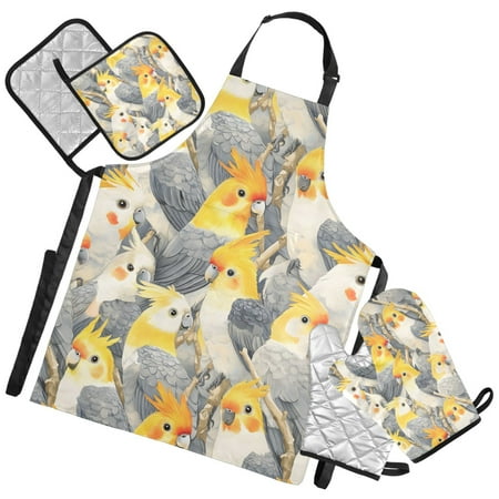Ryvnso Doodle Parrot-5 Kitchen Apron Oven Mitts Set Pot Holders