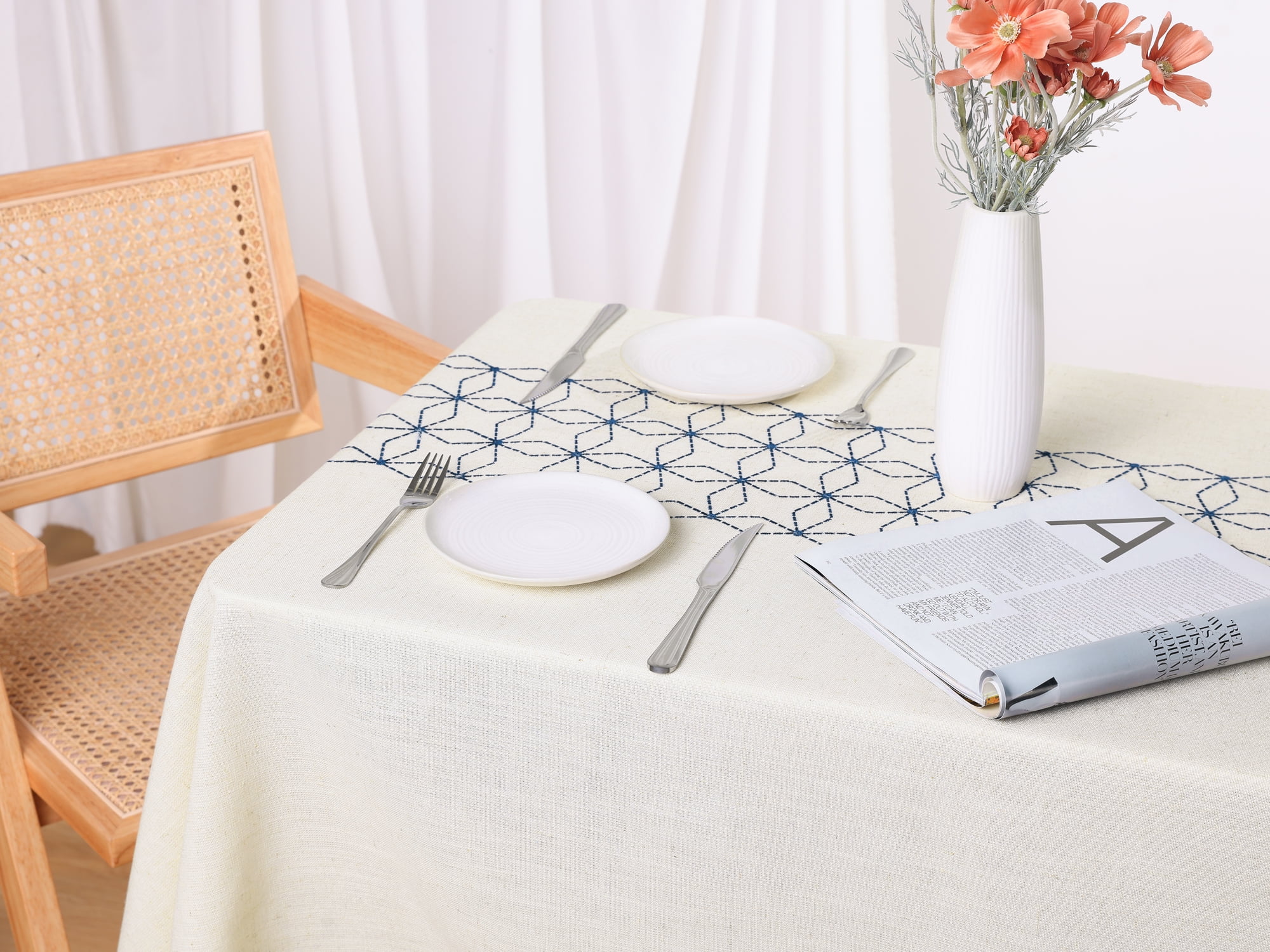 Unique Bargains Rustic Tablecloth Cotton Linen Waterproof Table Cover with Tassels, Diamond Dark Blue 35"x35"