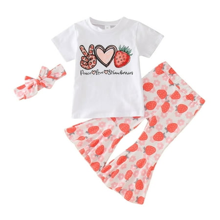 

Xiulive Toddler Girls Short Sleeve Strawberry Printed T Shirt Pullover Tops Bell Bottoms Pants Kids Outfits Kids Classic Fit Clothes set
