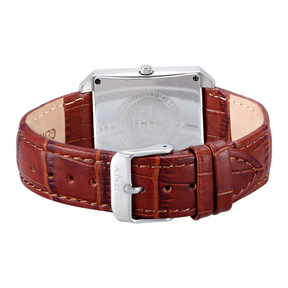 BERNY Square Watches for Men, Vintage Quartz Analog Leather Watch with Date Calendar, Stainless Steel, Waterproof, Dress Mens Wrist Watch Gifts (Rose Gold)