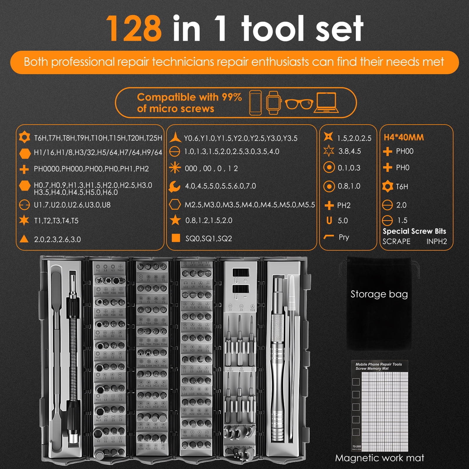Ikoopy 128 in 1 Precision Screwdriver Set with Magnetic Bits and Pad Multi Function Repair Tool Kit for Phone Computer Watch Laptop Jewelry Toys and Small Household Appliances
