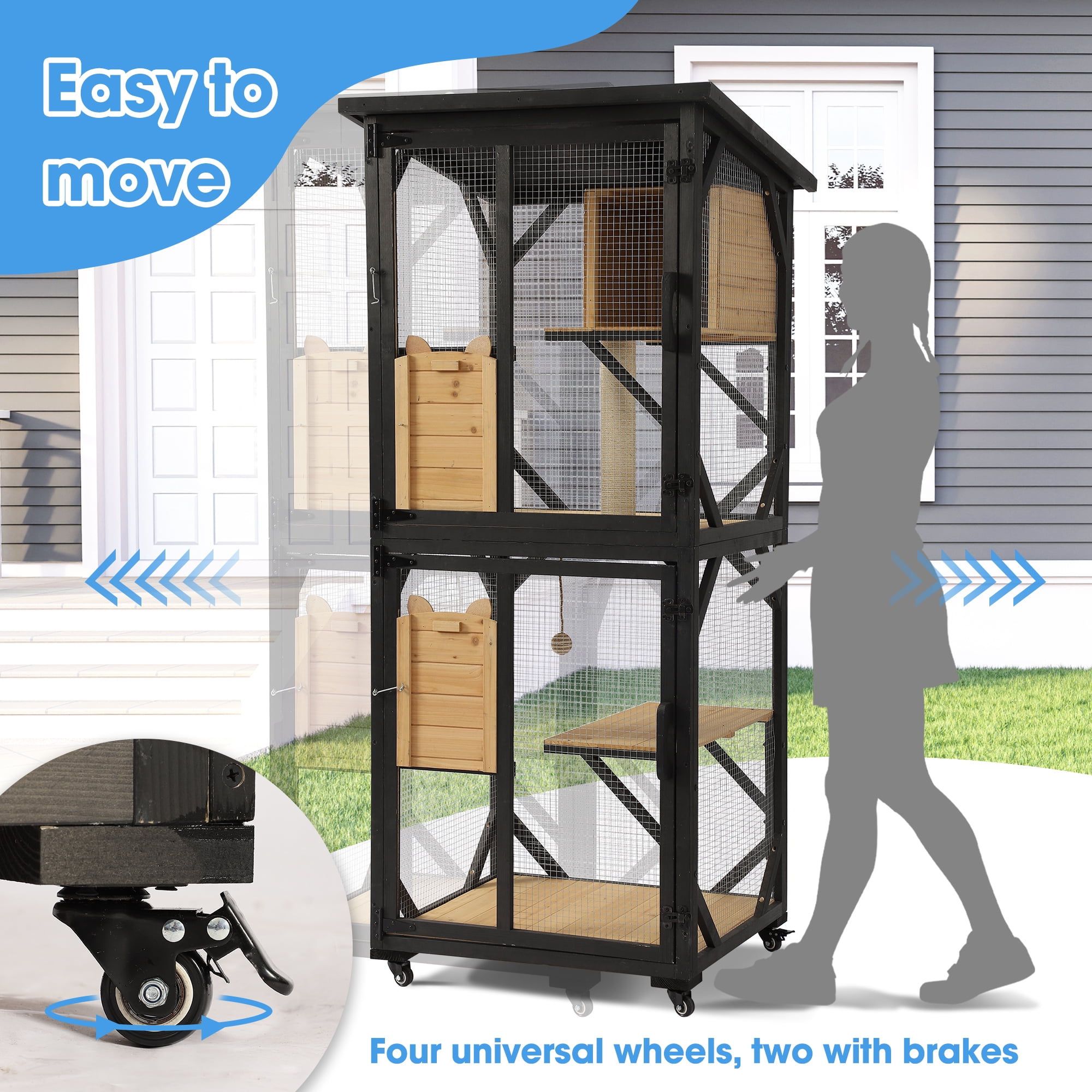 Haverchair Catio Outdoor Cat Enclosure with Scratcher - 4-Tier Large Indoor Wooden Window Catio Cat House W/Asphalt Waterproof Roof, Wheels, Resting Box, Platforms, Cat Toys Ball, Pet Cage Playpen