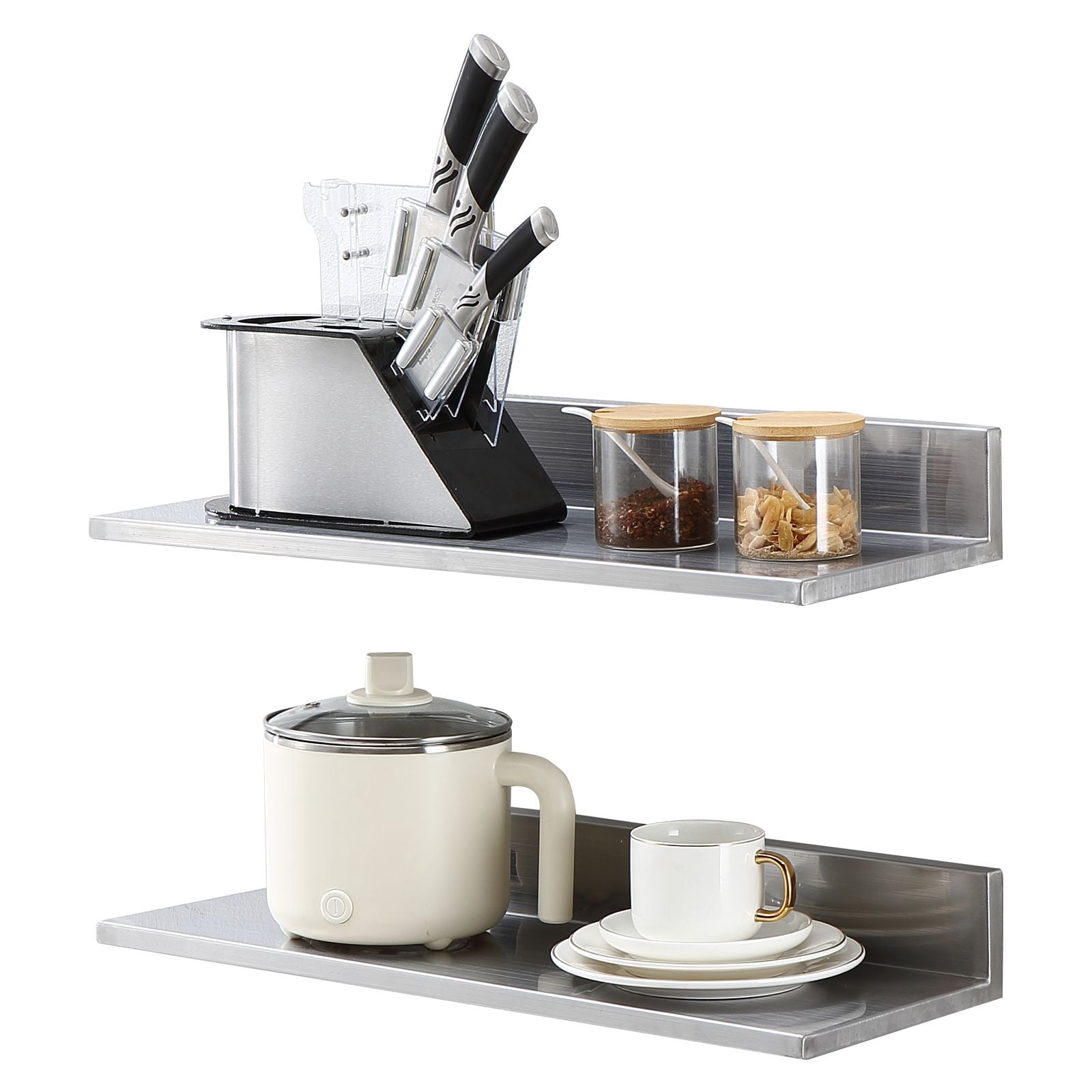 Stainless Steel Shelf 8.6x24 Inch Wall Mounted, 44 lbs Commercial Floating Shelving with Backsplash for Kitchen Restaurant
