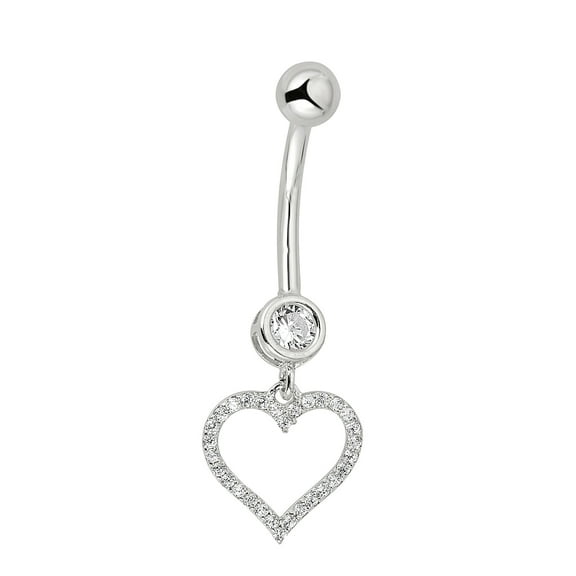 AVORA 10K White Gold Simulated Diamond CZ Open Heart Dangling Belly Button Ring Body Jewelry (14 Gauge)