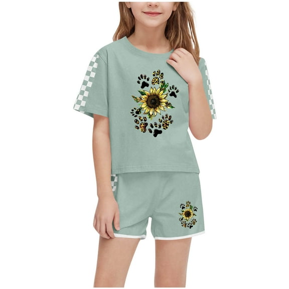 Fesfesfes Girls Summer Casual T-Shirts and Shorts Set 2 Pieces Set Teen Girls Drawstring Summer Outfits Solid Trendy Clothes for 5-14Years Girls(Army Green,5 Years)