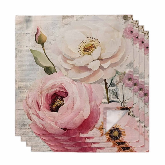 Pink White Spring Floral Cloth Napkins, Vintage Flowers Watercolor Washable and Reusable Dinner Napkins Set of 4, Table Napkin for Kitchen Party Birthday Wedding Hotel Housewarming 20"x20"