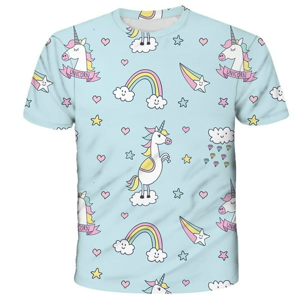 Unicorn T-shirt Summer Fashion Clothes Girls Clothes Rainbow Boys Clothes Crew Neck Casual Children's T-shirt13T Gong Bohan LED
