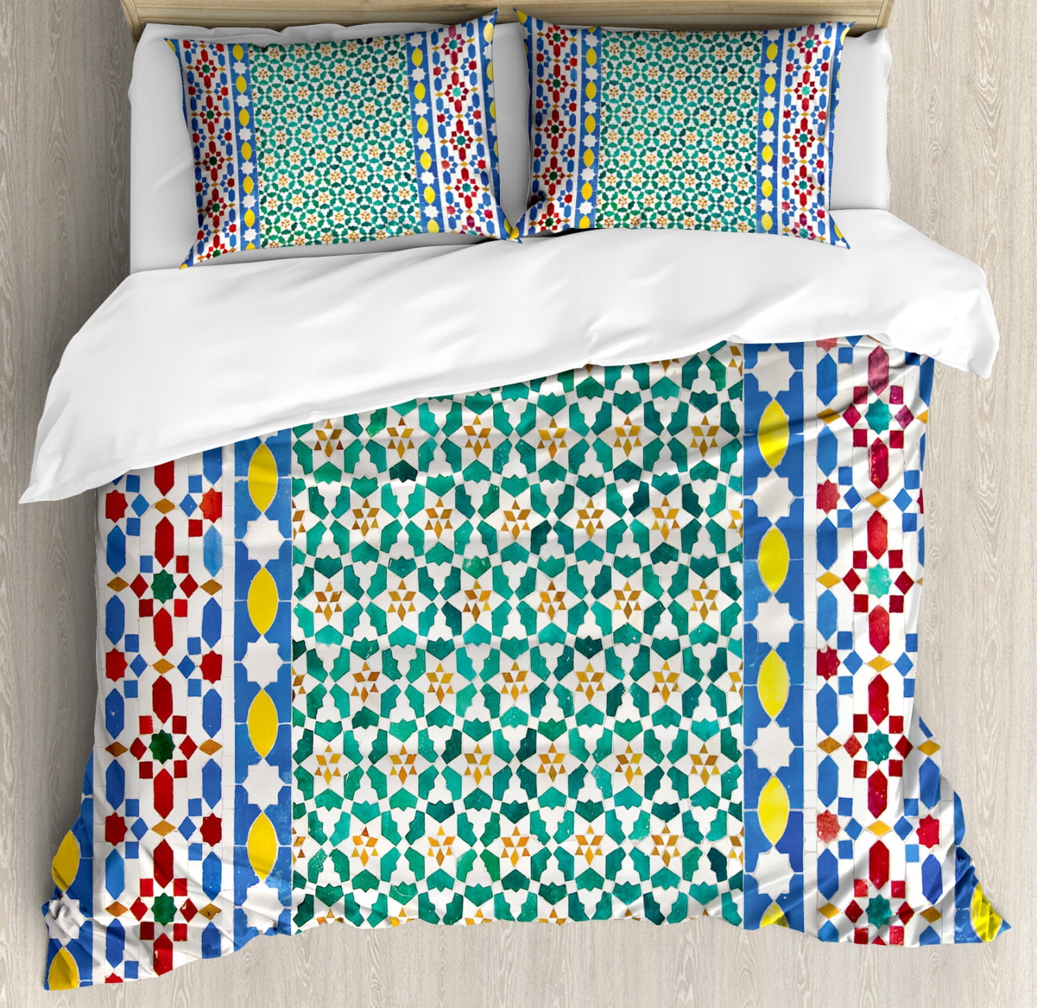 Moroccan King Size Duvet Cover Set, Colorful Moroccan Mosaic Wall
