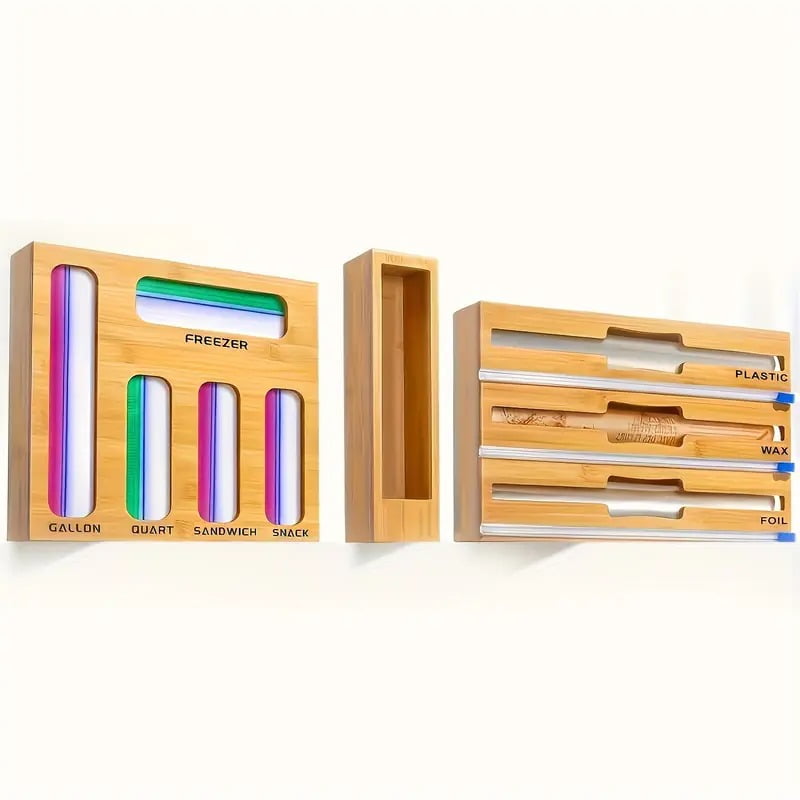 9 in 1 Storage Bag Organizer for Kitchen Drawer Combo, Bamboo Foil and Plastic Wrap with Cutter, Organizers Compatible Gallon, Quart, Sandwich Snack Size, Birthday Gifts, New Year Gift