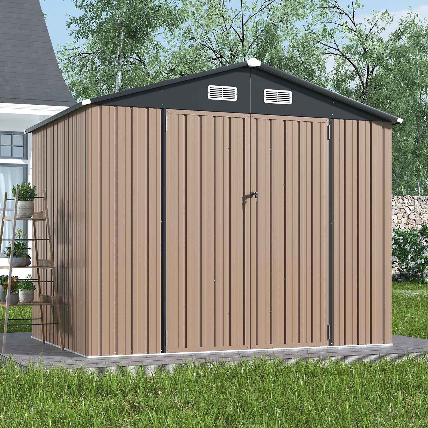 Clouddwell 7.5x5 ft. Outdoor Storage Shed, Brown Metal Garden Shed with Double Lockable Doors for Backyard, Patio