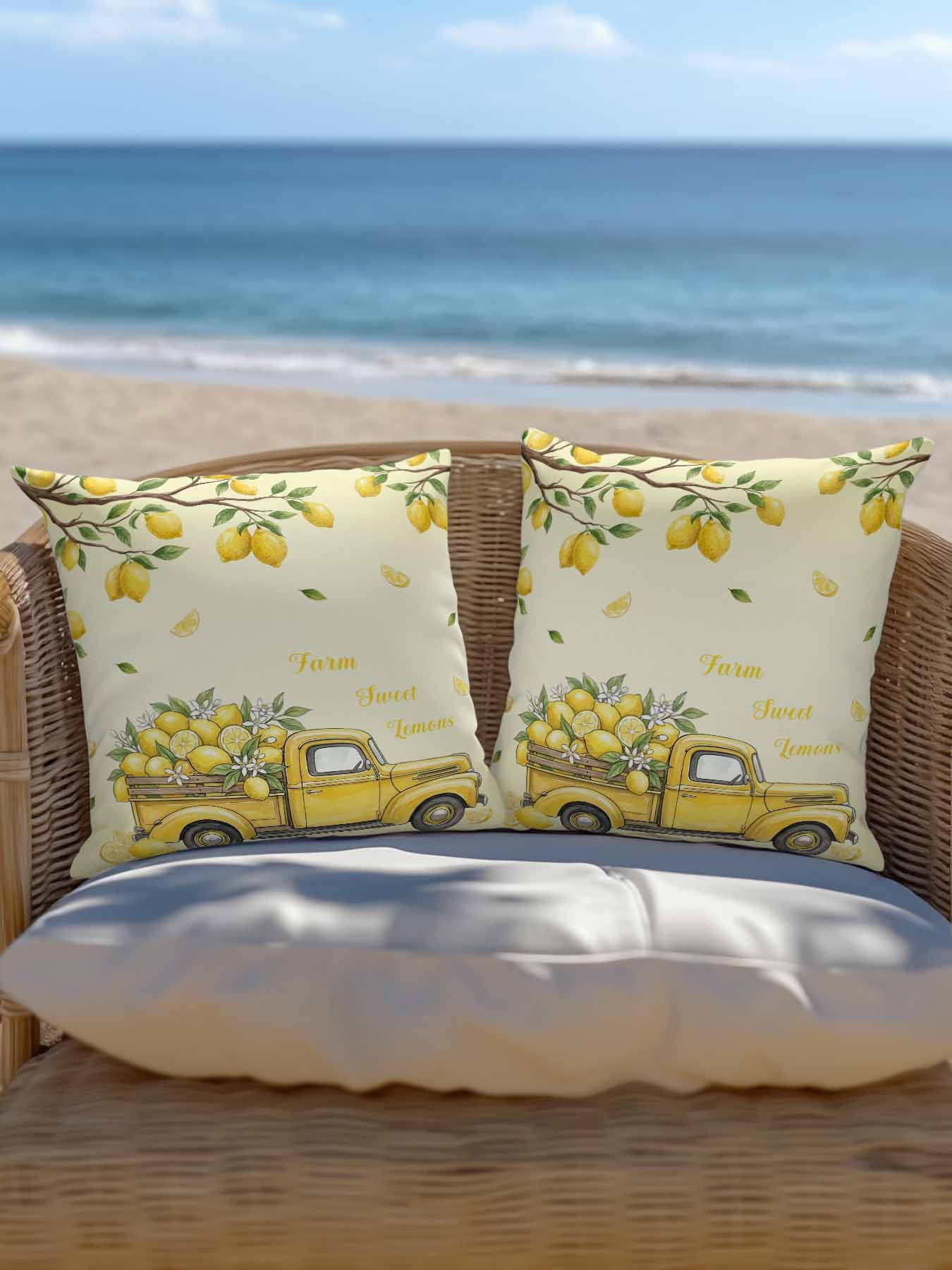 1 Pack Outdoor Pillows Waterproof, Lemon Truck Indoor/Outdoor Throw Pillows with Inserts, Summer Tropical Lemon Fruits Yellow Decorative Pillow for Patio Furniture Chairs Couch