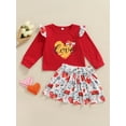 thumbnail image 2 of Kiapeise Toddler Baby Girl Valentine's Day Outfit Heart Love Print Long Sleeve T-Shirt Tops+Mini Skirt Clothes Set, 2 of 8