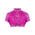 thumbnail image 5 of Aiihoo Kids Girls Jazz Dance Performance Outfit Mock Neck Short Sleeve Sequins Metallic Shirt Crop Top with Shiny Tutu Skirt Streetwear Rose 12, 5 of 6