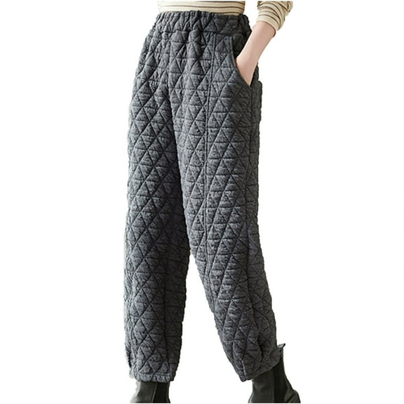 hoksml Women's Quilted Wide Leg Pants Insulated Winter Trousers with Pockets Elastic Waist Loose Fit Cold Weather Pants