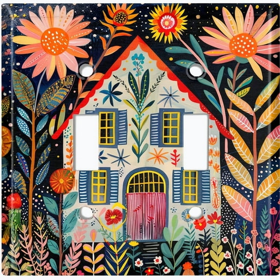 Metal Light Switch Wall Plate Outlet Cover (Printed Image of Whimsical House Folk Art - Double Toggle)