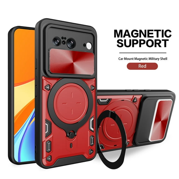 Dteck for Google Pixel 8 Slide Lens Protection Case, Shockproof Magnetic Metal Ring Holder Kickstand Support Magnetic Shell, Heavy Duty Hybrid TPU PC Dual Layer Phone Cover, red
