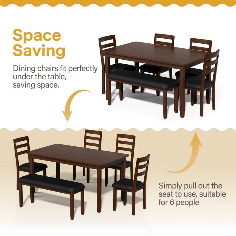 Lacoo Modern Simple Solid Wood Dining Table Set 6-Piece, 1 Table 4 Chairs 1 Bench, Kitchen Dining Room Furniture Set, Multiple Colors Available