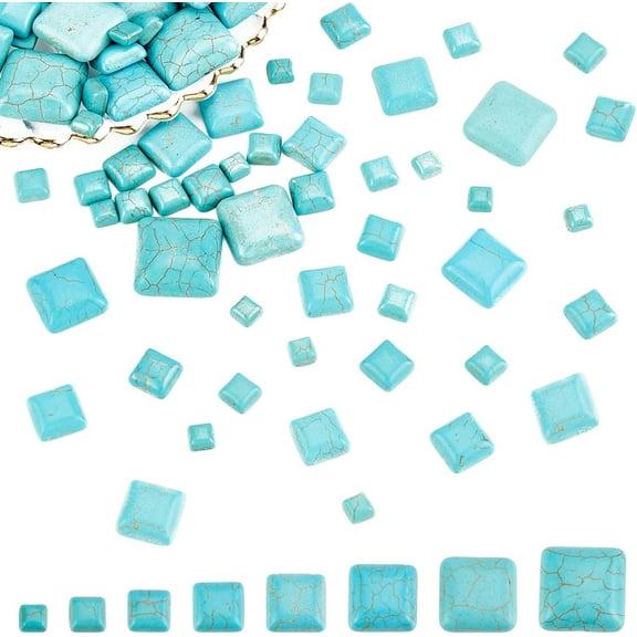80 Pcs Cracked Stone Cabochon 8 Size Square Shape Gemstones Beads Dyed Turquoise Cabochons for DIY Necklace Bracelet Jewelry Making