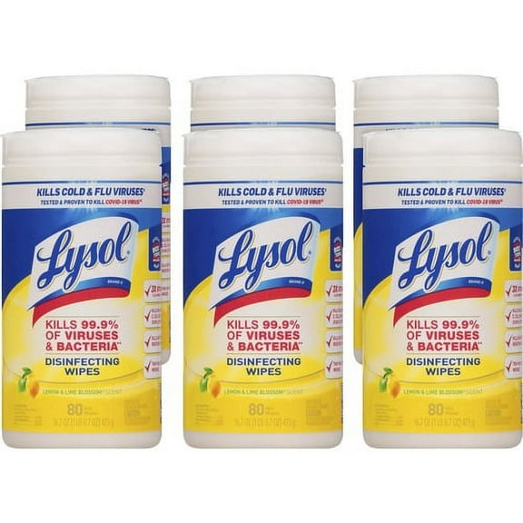 Lysol Disinfecting Wipes - Ready-To-Use Wipe - Lemon, Lime Blossom Scent - 7.25" Width x 7" Length - 80 / Canister - 6 / Carton - White | Bundle of 2 Cartons