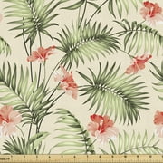 Leaf Fabric by the Yard, Hawaiian Aloha Nature Pattern with Rainforest Elements Palm Branches Hibiscus, Upholstery Fabric for Dining Chairs Home Decor Accents, Peach Salmon Green by Ambesonne