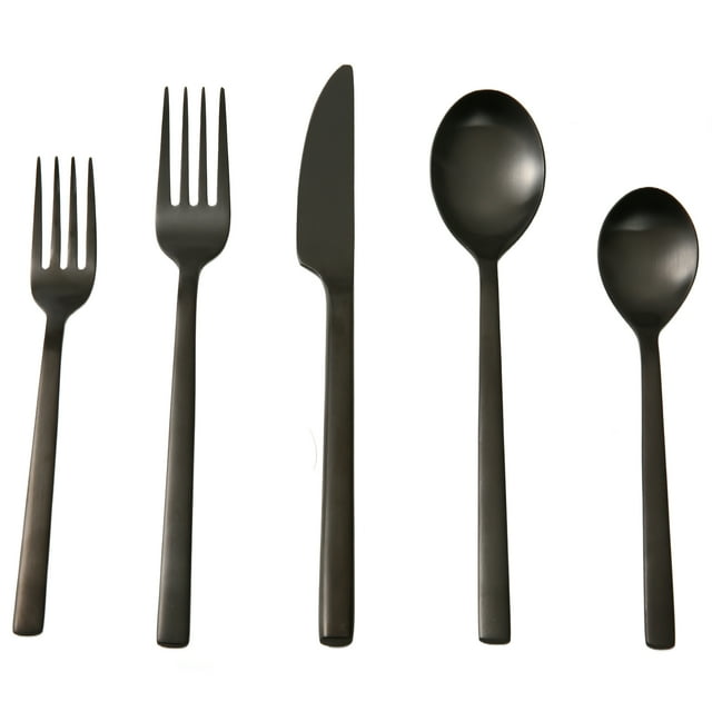 Matte black stainless steel flatware set with forks, knife and spoons for four adults.