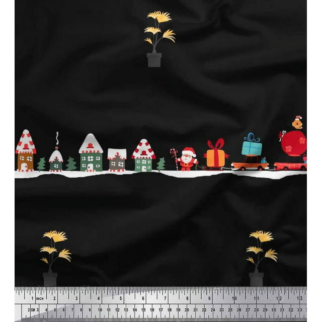 Soimoi Silk Fabric Santa,Gift Box & Tree Christmas Print Fabric by the Yard 42 Inch Wide