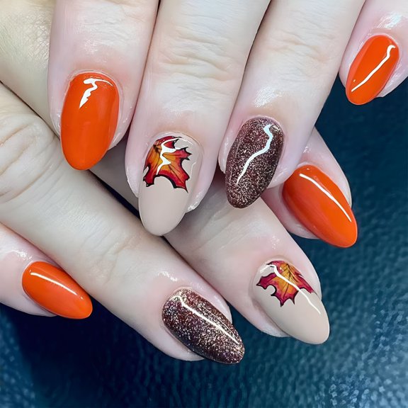 RAGUPEL Fall Maple Leaves Press On Nails French Tip Fake Nails, Artificial Nails Acrylic Nails Stick on Nails