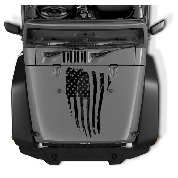 Large Distressed reversed USA American Flag Hood VINYL decal for Jeep, Truck and others. (BLACK)