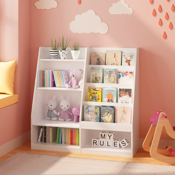 Noble House Kids Bookshelf, Toy Storage Organizer, 4-Tier Wooden Bookcase Display Stand, Kids Room, Playroom, White