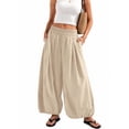 thumbnail image 6 of Wide Leg Pants for Women BWASD Casual Cotton Linen Elastic Waist Baggy Bloomers Pants Large Size Pocket Palazzo Trousers Fashion Beach Vacation 2043 Trendy (Khaki,M), 6 of 7