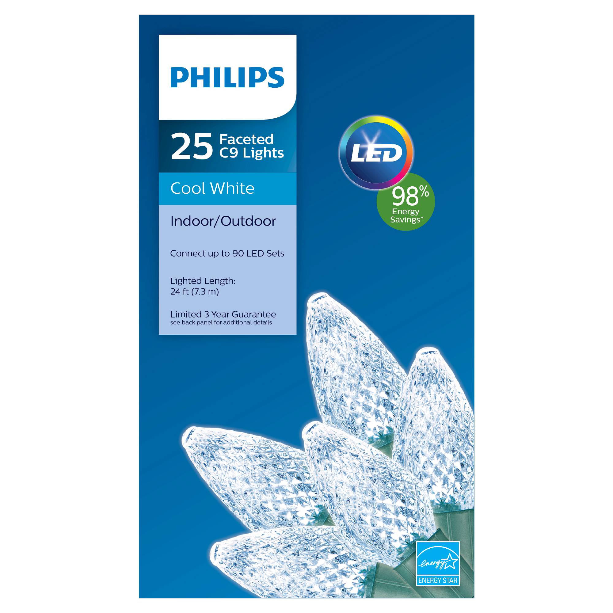 PHILIPS 25 ct Christmas LED C9 Faceted String Lights Cool White 