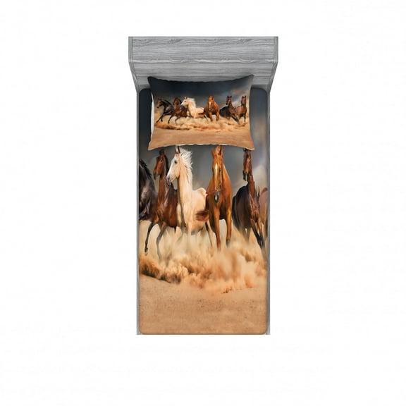 Horse Fitted Sheet & Pillow Sham Set, Equine Themed Animals Galloping in The Sand Running Horses Pattern, Decorative Printed 2 Piece Bedding Decor Set, Twin, Brown Charcoal, by Ambesonne