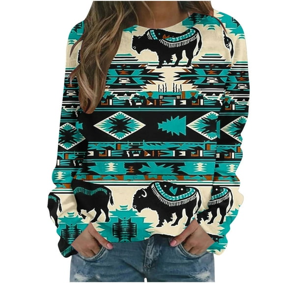 LYXSSBYX Long Sleeve Shirts for Women Women's Casual Ethnic Style Printed Round Neck Raglan Long Sleeved Loose Top