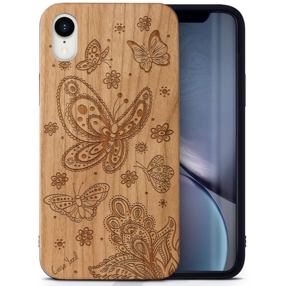 Case Yard Wooden Case Outside Soft TPU Silicone, Slim Fit Shockproof Wood Protective Phone Cover for Girls Boys Men and Women, Supports Wireless Charging Butterflies Design case for iPhone-XR