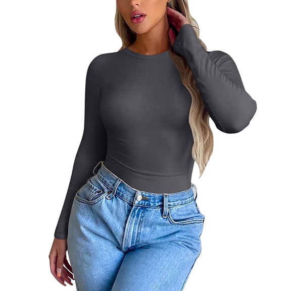 YVNAURA Fitted Long Sleeve T Shirts for Women Crew Neck Basic Tees Slim Fit Layering Tops Soft Stretchy Casual Going Out Undershirts Fall Winter Spring, Dark Gray,L