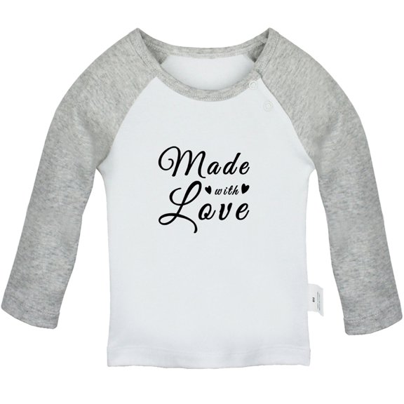 Made With Love Funny T shirt For Baby, Newborn Babies T-shirts, Infant Tops, 0-24M Kids Graphic Tees Clothing (Long Gray Raglan T-shirt, 0-6 Months)