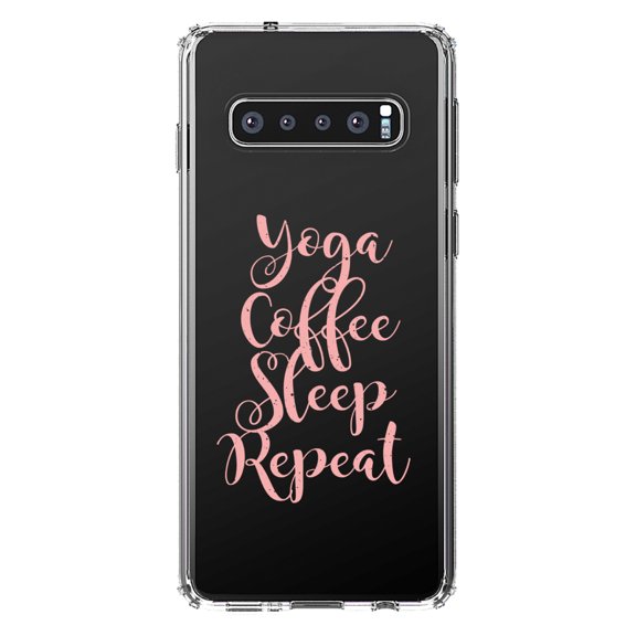 DistinctInk Clear Shockproof Hybrid Case for Samsung Galaxy S10  PLUS (6.4" Screen) - TPU Bumper Acrylic Back Tempered Glass Screen Protector - Yoga Coffee Sleep Repeat