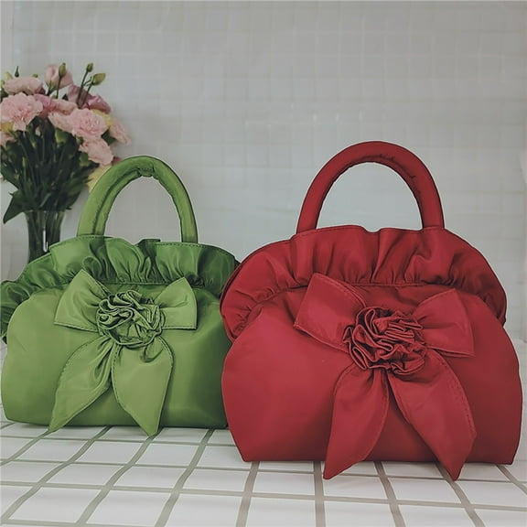 Kripyery Top-handle Bag Ruched Bow Portable Smooth Zipper Coin Bag for Party Gathering Wedding Banquet