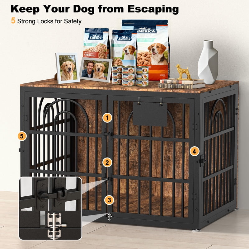 Dog Crate Furniture with Cushion, Wooden Dog Kennel End Table with Double Doors, Heavy Duty Indoor Dog House for Small Medium Large Dogs, Rustic Brown, 32in