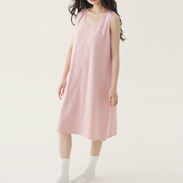 Camisón largo de poliéster para mujer, sin mangas, cuello redondo, informal, moderno y elegante.