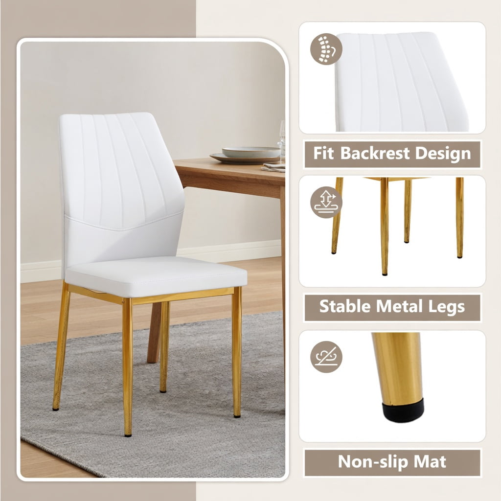 Hommoo 6-Piece Dining Chairs Set, 37 in Tall Ergonomic PU Leather Chairs with Metal Frame, Breathable Cushion & Adjustable Non-Slip Feet for Modern Dining Rooms, White & Gold