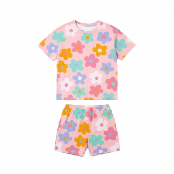 ZXLBBD Girls' 2 Piece Pajama Set Short Sleeve Crew Neck Tee Colorful Floral Print Elastic Waist Short Loungewear Kids Sleepwear Clothing Sets,Pink,Size 5 Y-6 Y