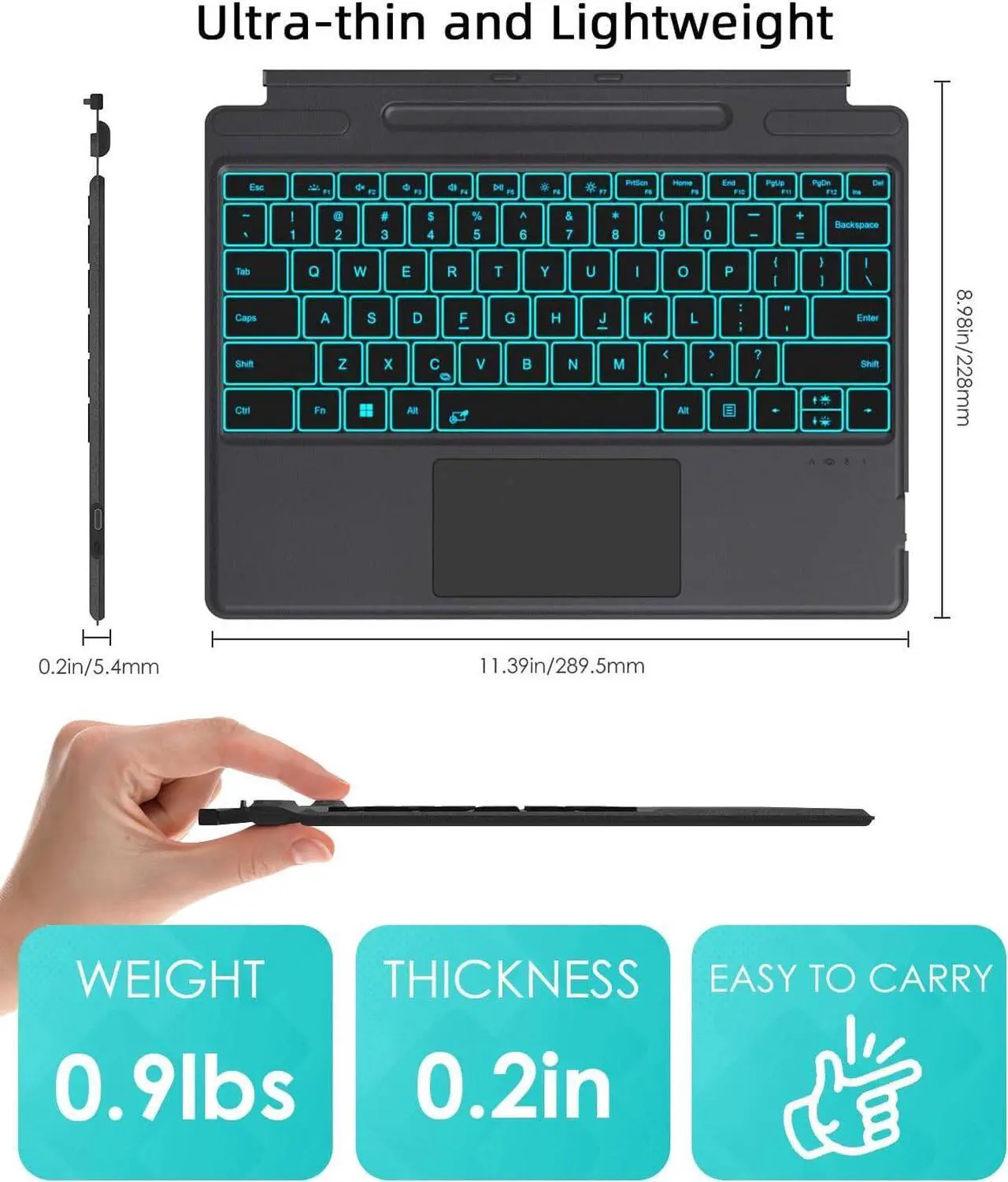 Type Cover for 13 inch Microsoft Surface Pro 11 / Pro 10 / Pro 9 / Pro 8 / Pro X, Portable Bluetooth Wireless 7-Color Backlit Surface Pro 9/8/X Keyboard with Touchpad/Pencil Holder