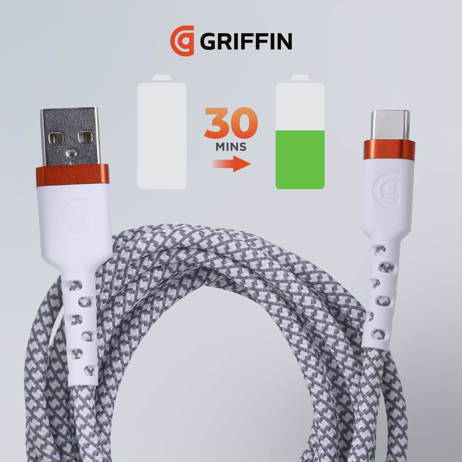Griffin 6ft Ultra Durable USB-C Type High-Speed Charging Cable – Fast Charging, 30,000 Bends Strong, Compatible with Android, iPhone 15 & 16, Tablets, USB-C Device, USB-A to USB-C Charge & Sync Cable