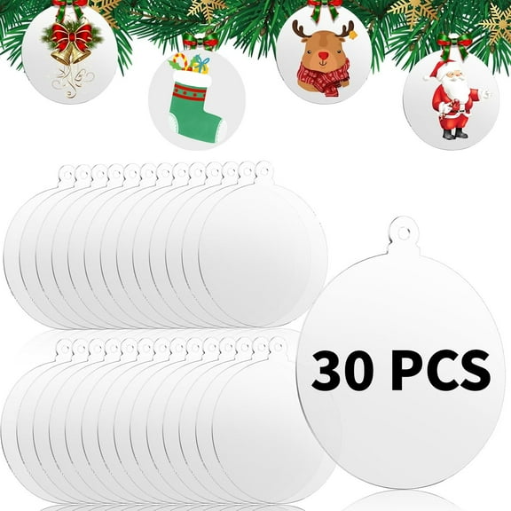 LQQBOX 30 Pcs Christmas Acrylic Ornaments, Clear Ornaments DIY Blank Round Acrylic Ornament for Christmas Bauble Tree Decoration Tag Craft (2.95 Inches)