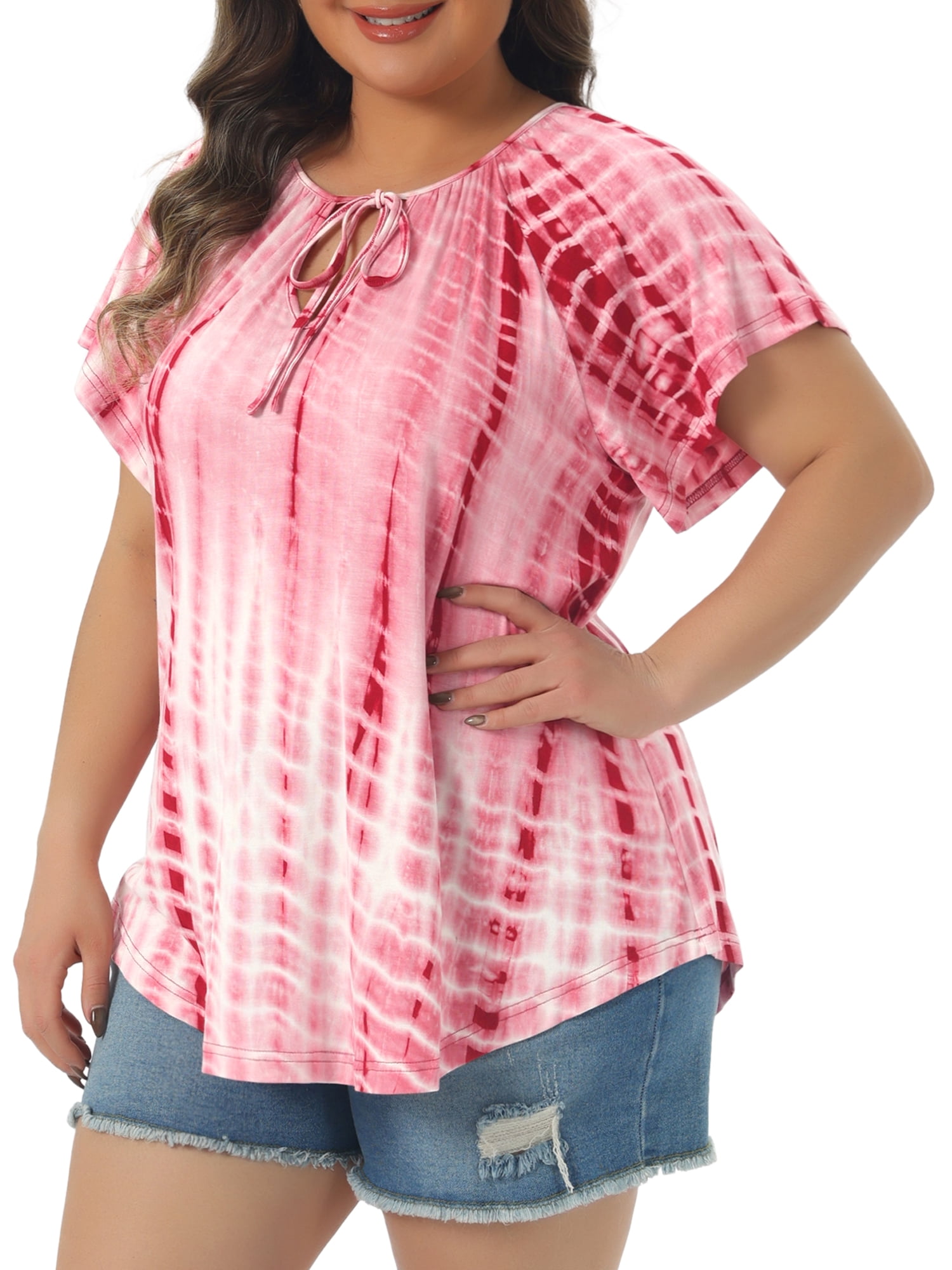 Women's Plus T-shirt Tye Dye Short Sleeve Casual Top with Comfort Fit 1X Pink